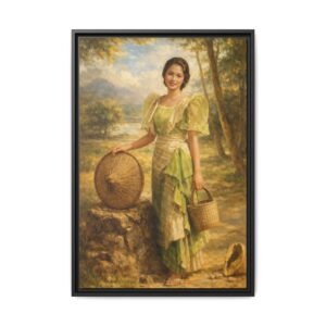 Vintage Filipino Woman in Green Filipiniana Dress (Inspired by Fernando Amorsolo) Framed Matte Canvas Wall Art (20 x 30 in – Vertical)